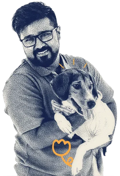 Akhil Krishnan holding a dog, stippled illustration